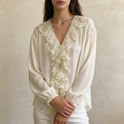 Lace-Trim Tie-Neck Blouse
