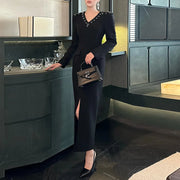 Embellished V-Neck Split-Hem Dress