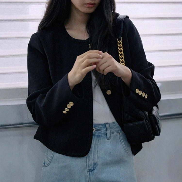 Round-Neck Cropped Button-Front Jacket