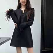 Fringed-Cuff Long-Sleeve Mini Dress