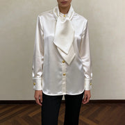Draped-Neck Button-Front Blouse