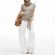 Curved-Seam Wide-Leg White Pants