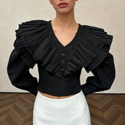 Pleated-Ruffle V-Neck Cropped Blouse