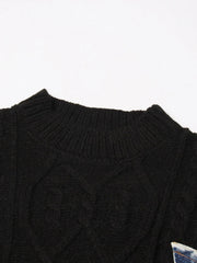 Cable-Textured Contrast-Sleeve Sweater