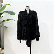 Ruffle-Front Bow-Neck Blouse
