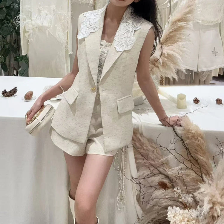 Lace-Collar Vest and Shorts Set