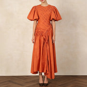 Ruched Puff-Sleeve Midi Dress