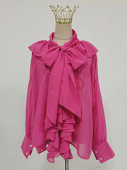 Ruffle-Front Bow-Neck Blouse