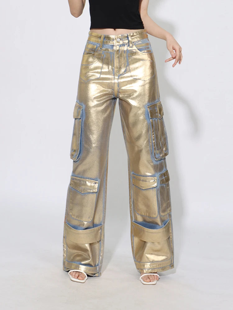 Metallic-Look Wide-Leg Cargo Pants