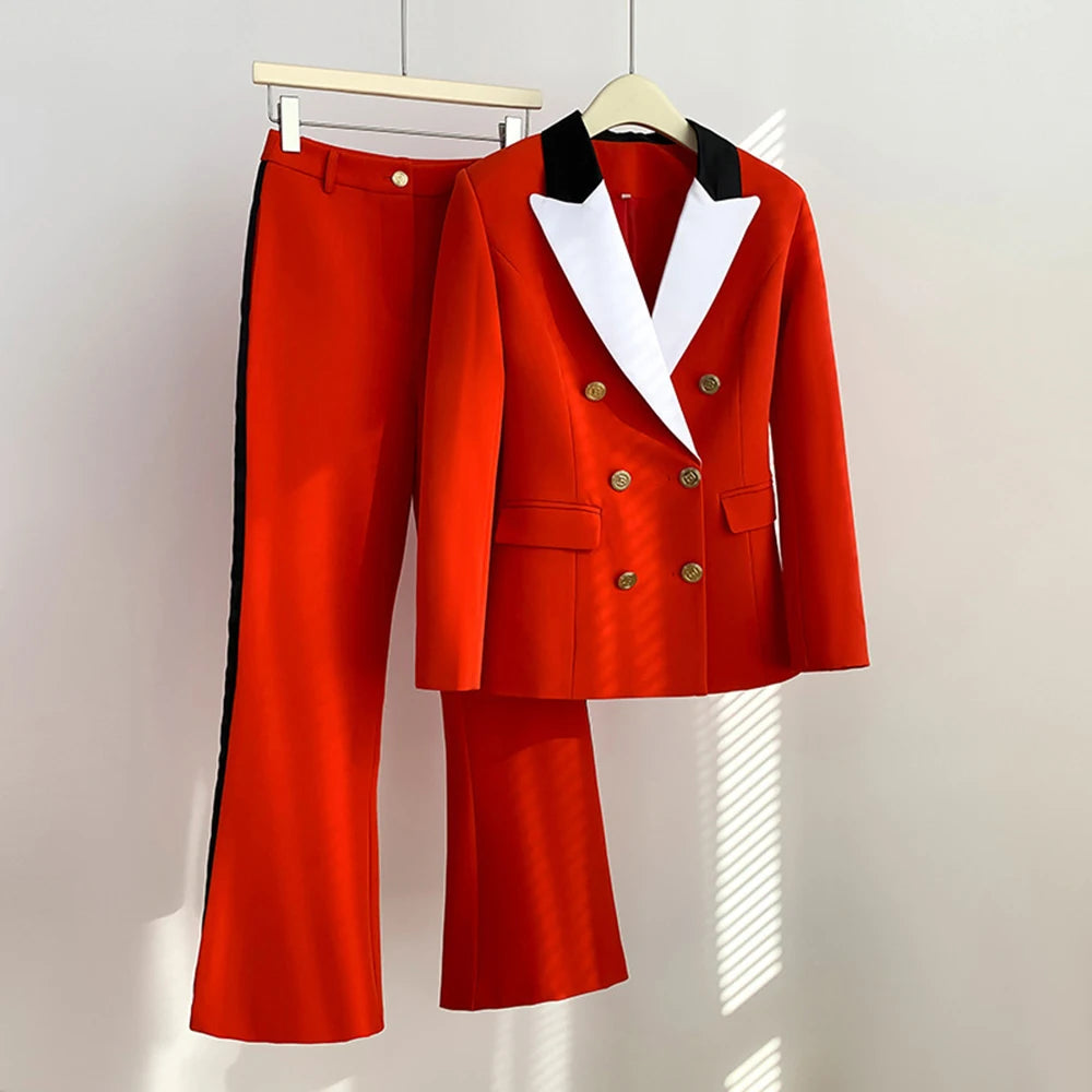Contrast-Lapel Blazer and Pants Set