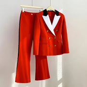 Contrast-Lapel Blazer and Pants Set