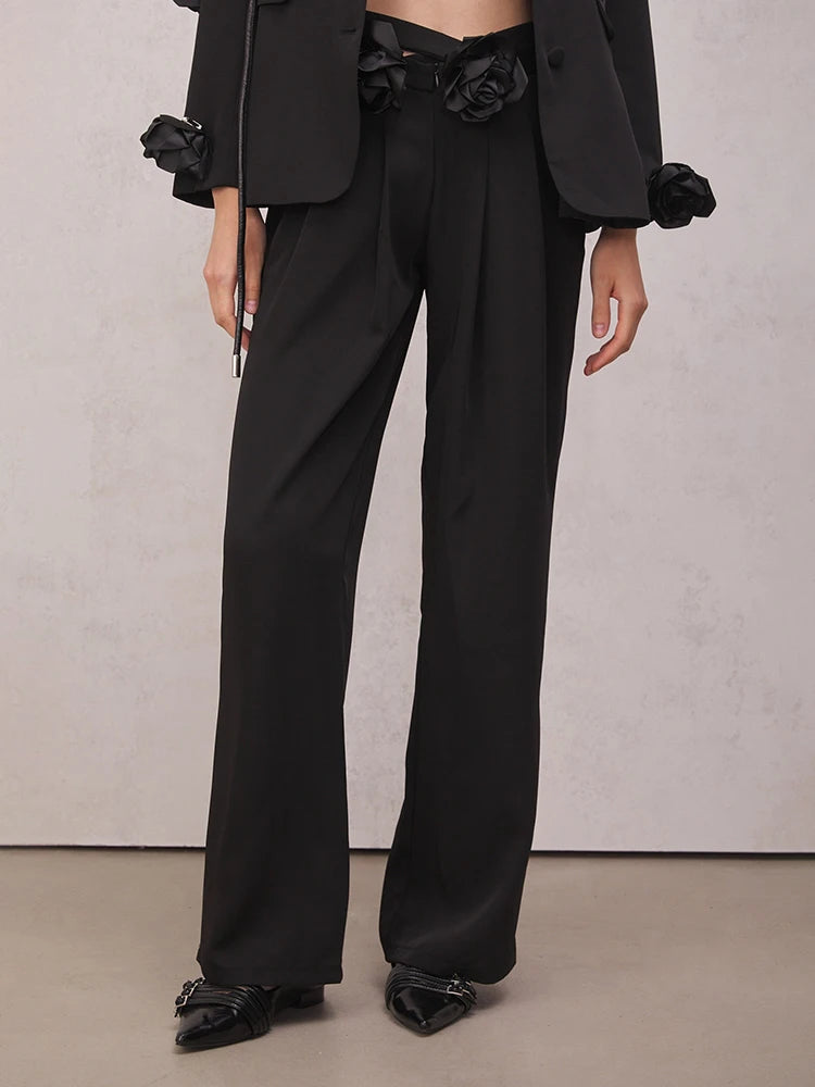 Floral Applique Wide-Leg Pants