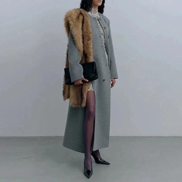 Round-Neck Button-Front Long Coat