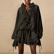 Ruffle-Trim Long-Sleeve Mini Dress