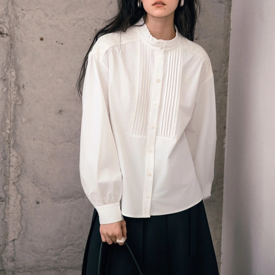 Pintuck-Bib Stand-Collar Shirt
