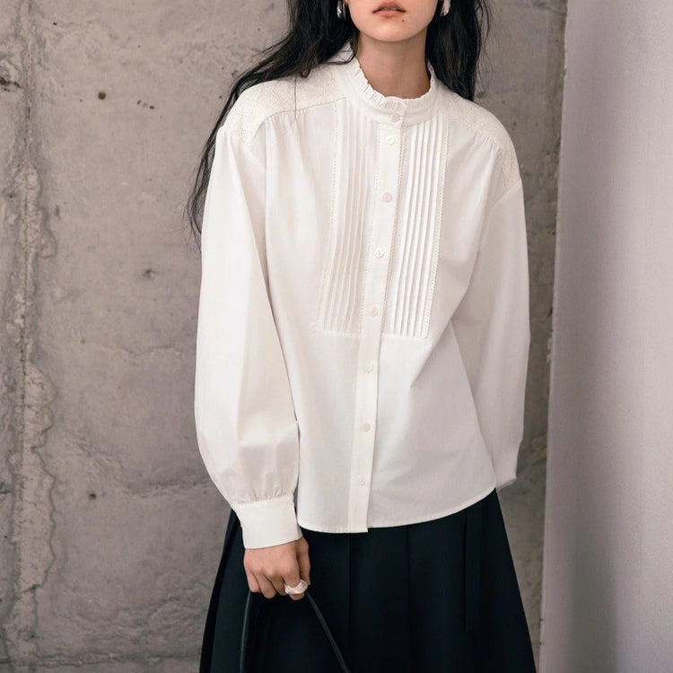 Pintuck-Bib Stand-Collar Shirt