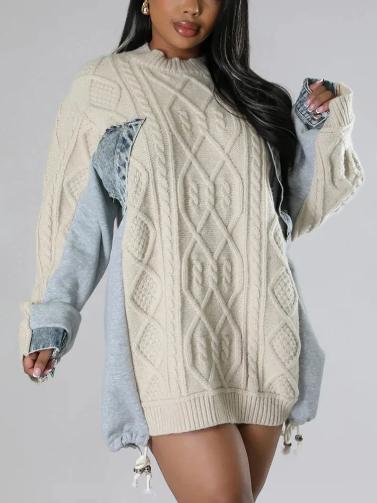 Cable-Textured Contrast-Sleeve Sweater