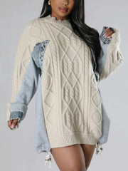 Cable-Textured Contrast-Sleeve Sweater
