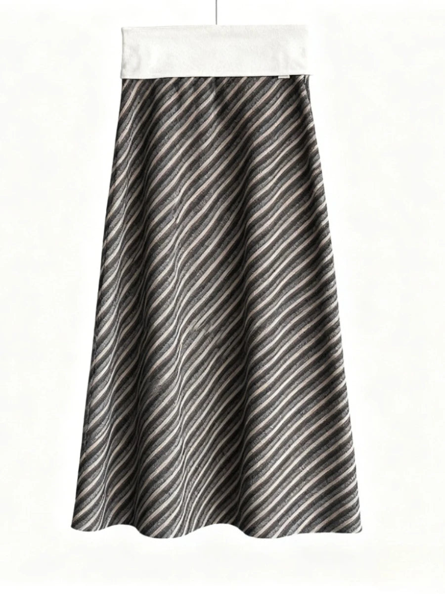 Diagonal-Stripe A-Line Long Skirt