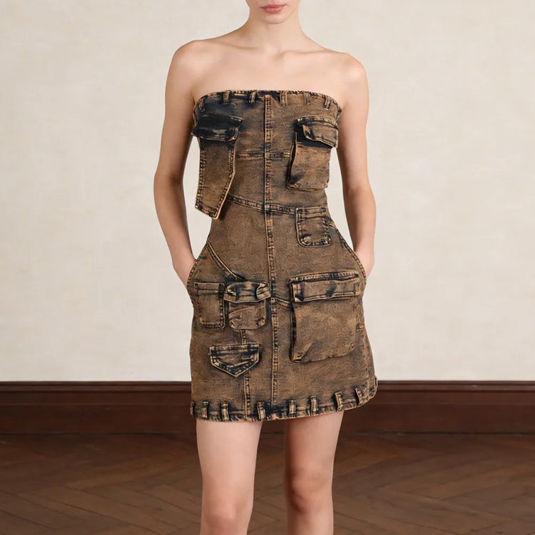 Strapless Cargo-Pocket Mini Dress