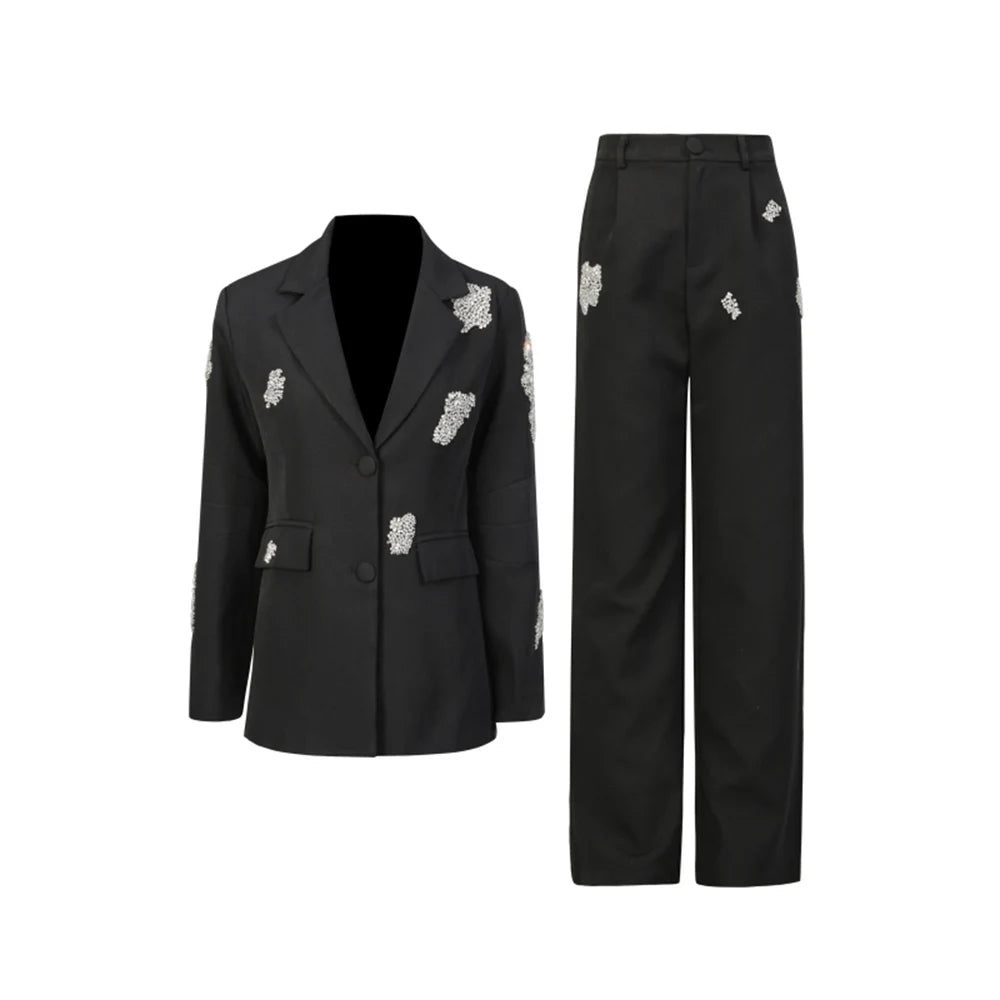 Embellished Blazer and Wide-Leg Pants Set