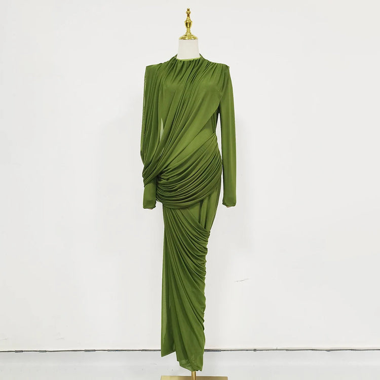 Ruched Long-Sleeve Long Dress