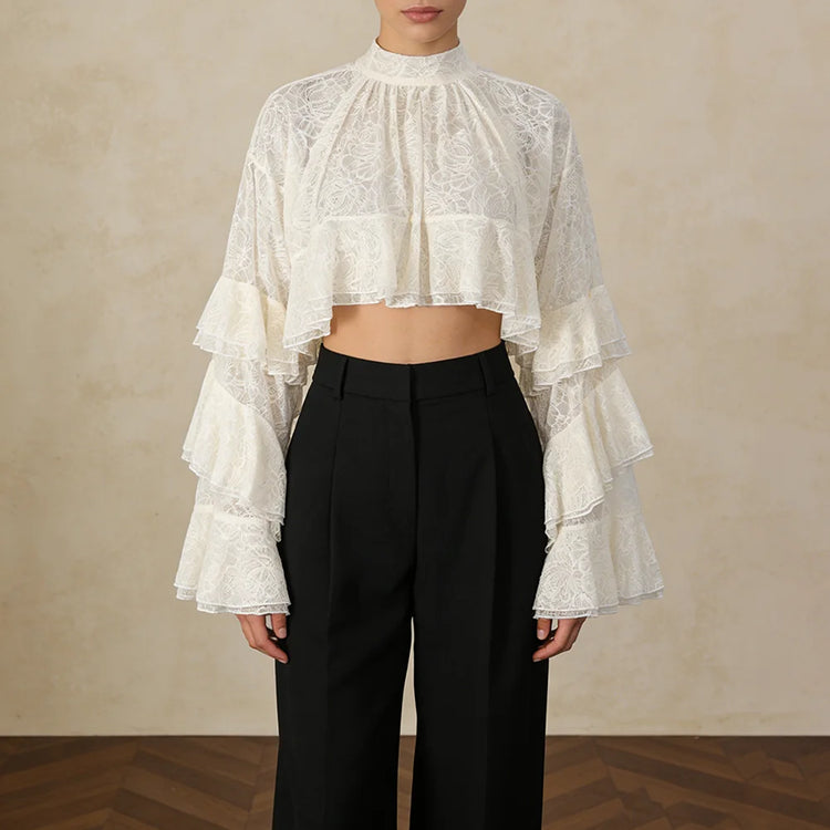 Tiered-Sleeve Cropped Blouse