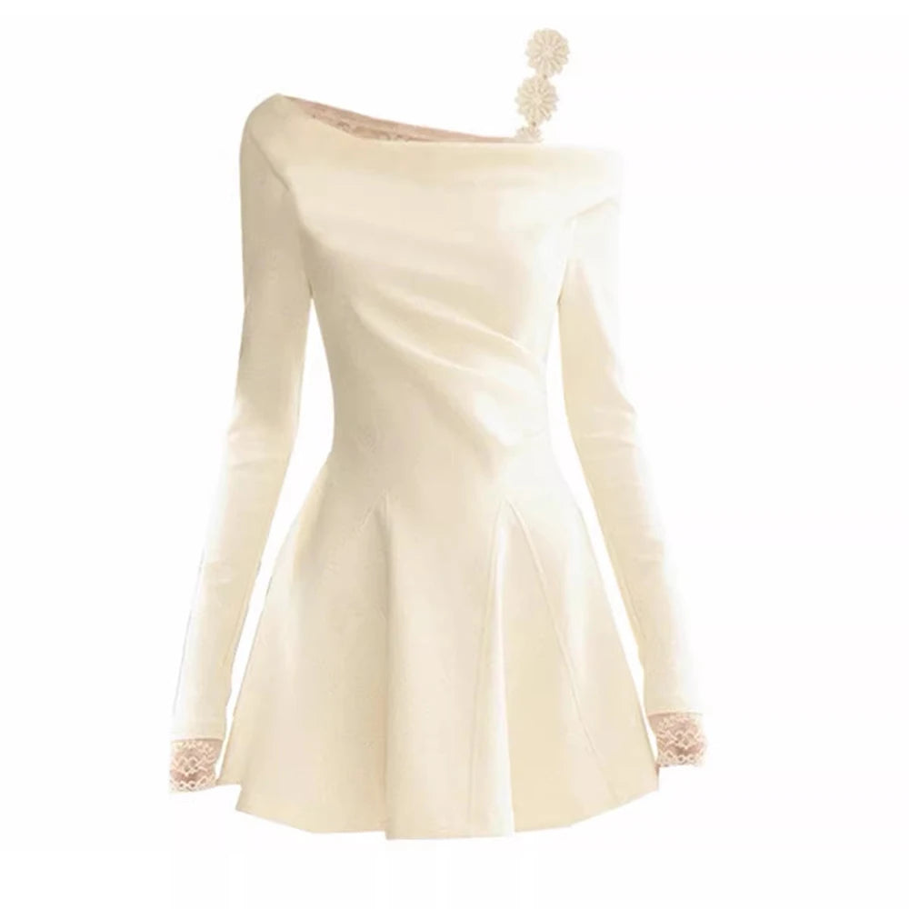 Asymmetric-Neck Draped Mini Dress