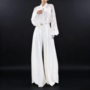 Lace Blouse and Wide-Leg Pants Set