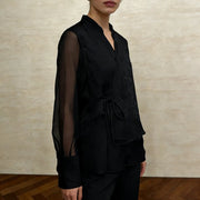 Sheer-Sleeve Floral Tie-Waist Blouse