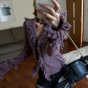 Frayed-Trim Fitted Cardigan