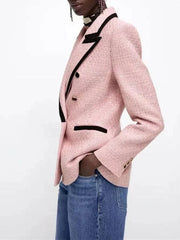 Contrast-Trim Double-Breasted Blazer