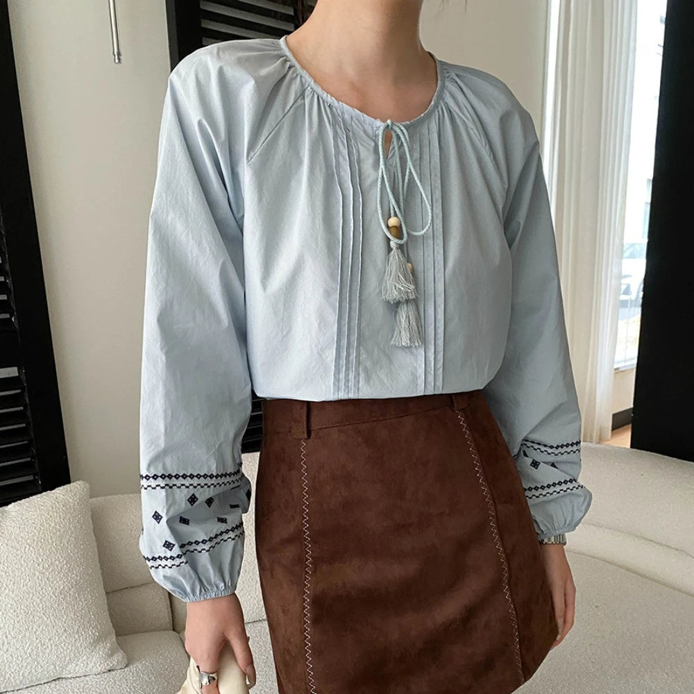 Tassel-Neck Embroidered-Cuff Blouse
