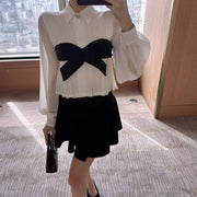 Contrast-Bow Pleated Shirt