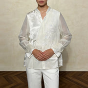 Sheer-Sleeve Floral Tie-Waist Blouse