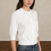 Floral Applique Half-Sleeve Cardigan