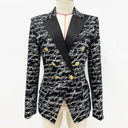 Script-Print Double-Breasted Blazer