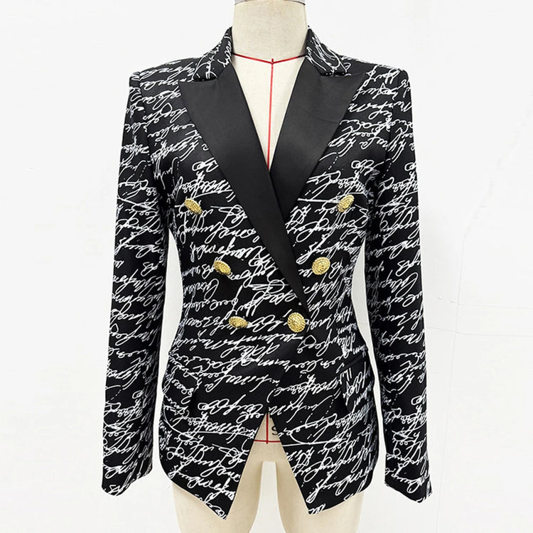 Script-Print Double-Breasted Blazer