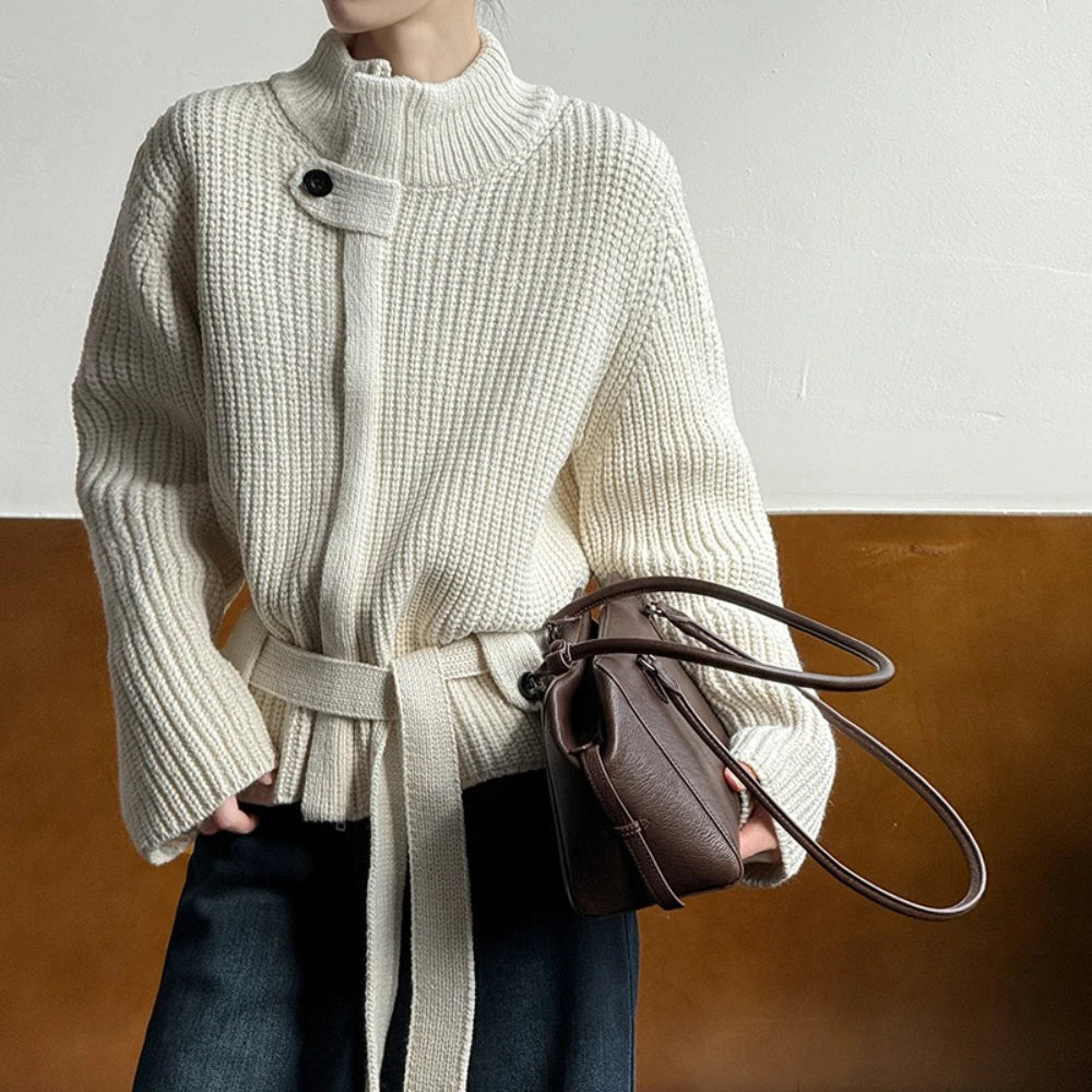 Chunky-Knit High-Neck Cardigan