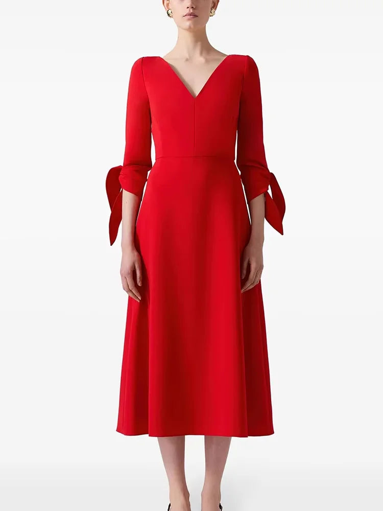Bow-Cuff V-Neck Dress