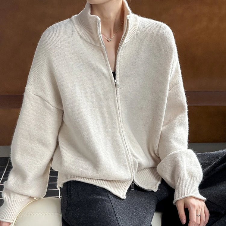 Relaxed Stand-Collar Zip-Up Cardigan