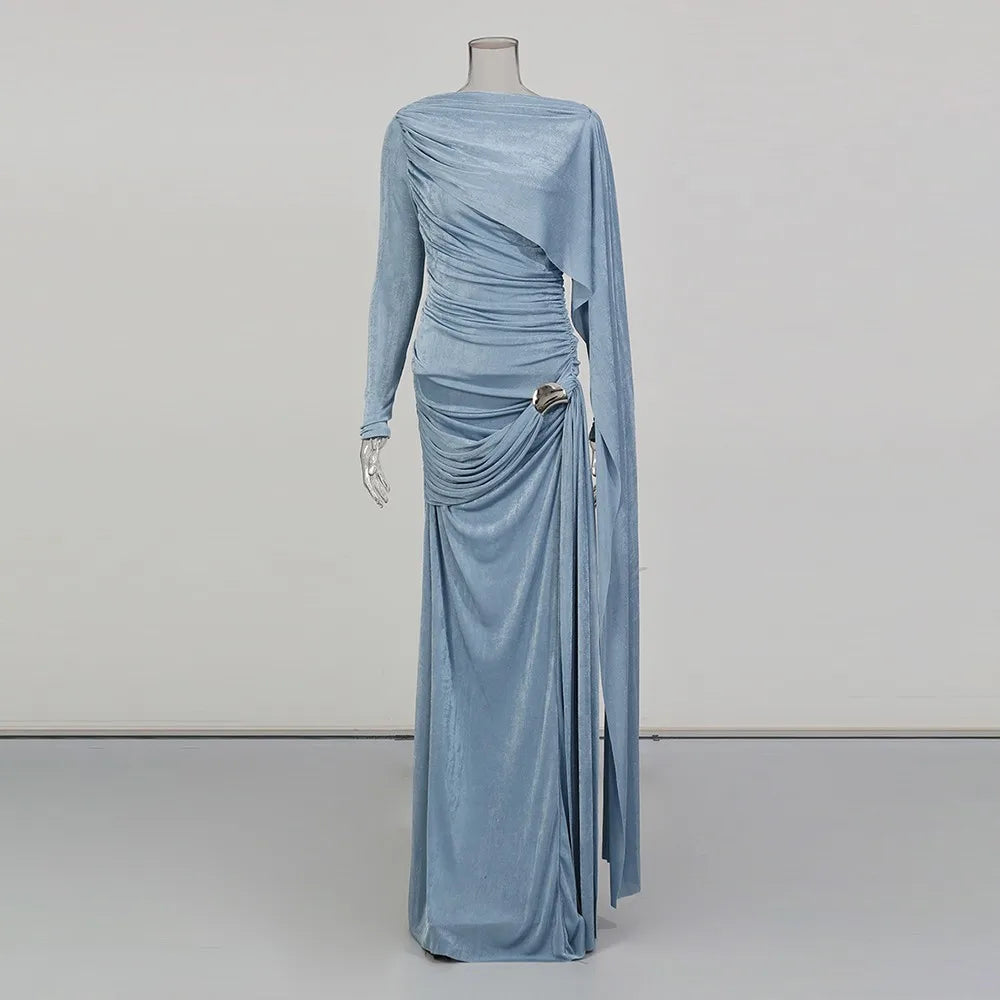 Ruched Long-Sleeve Long Dress
