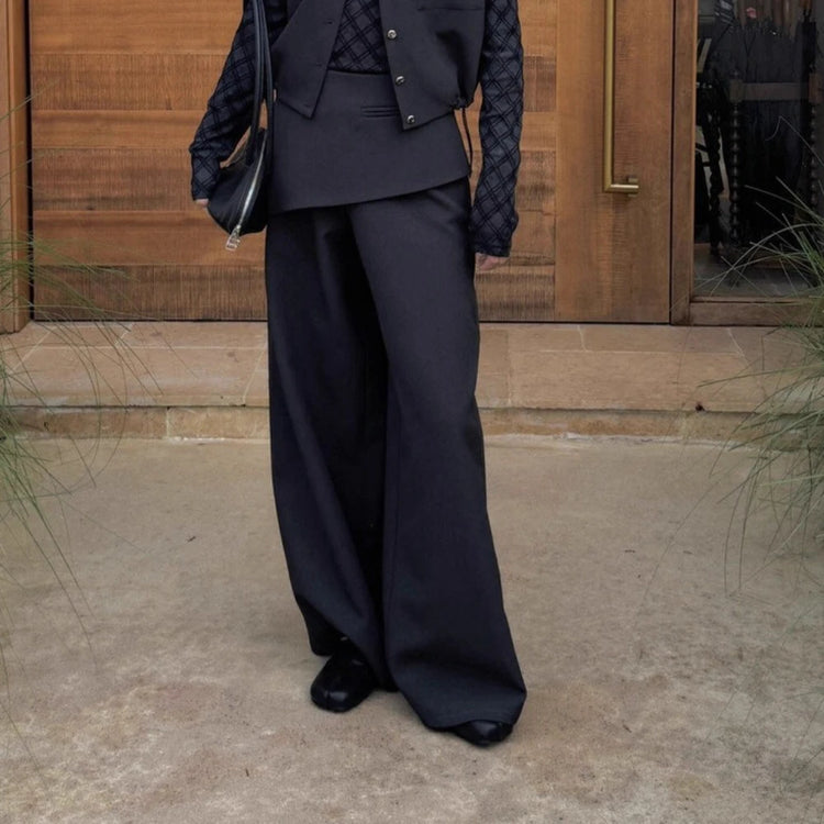 Asymmetric-Waist Wide-Leg Pants