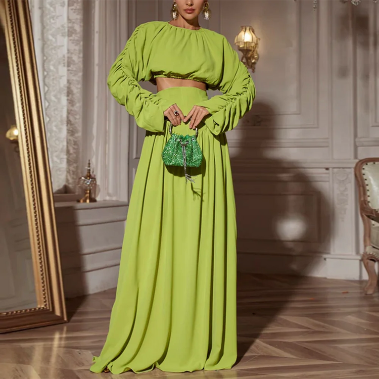 Ruched-Sleeve Top and Long Skirt Set
