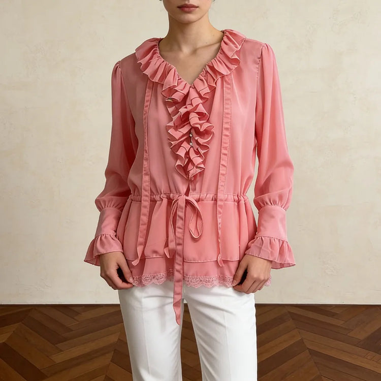 Ruffle-Front Drawstring Blouse