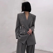TWOTWINSTYLE Gray Spliced Button Two Piece Set Female Lapel Long Sleeve Jacket Office Lady Women's Pants Set Autumn Fashion New