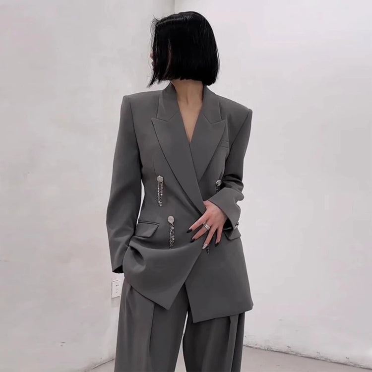 TWOTWINSTYLE Gray Spliced Button Two Piece Set Female Lapel Long Sleeve Jacket Office Lady Women's Pants Set Autumn Fashion New