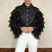 Tiered Ruffle-Sleeve Lace Shirt