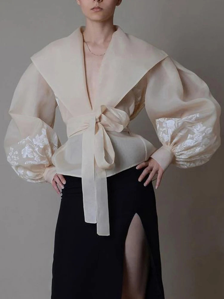Tie-Front Balloon-Sleeve Blouse