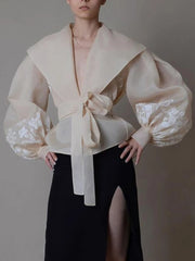Tie-Front Balloon-Sleeve Blouse